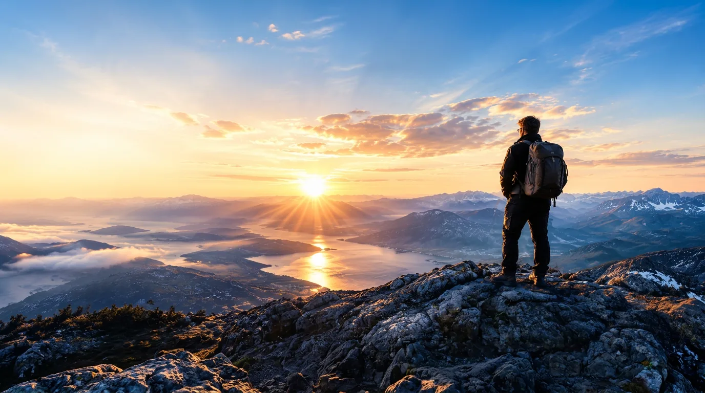 Mountain valley at sunrise with a distant person looking outward